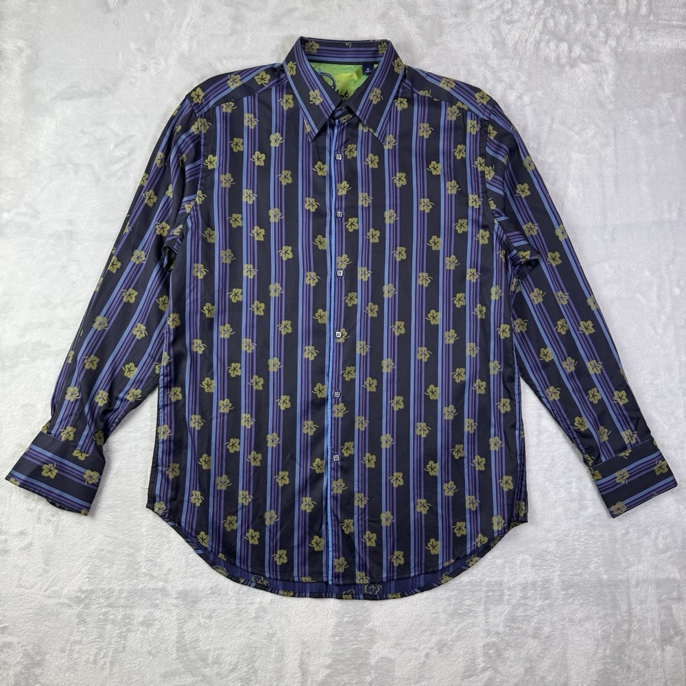 Robert Graham Hibiscus Dress Shirt Men's‎ Medium Blue/Purple Floral Cotton/Silk